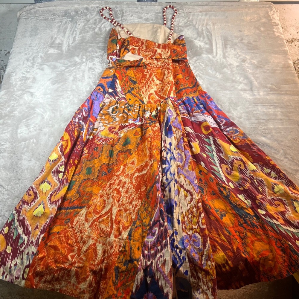 NWT Farm Rio Women's Medium Midi Dress Orange Ikat Print Beaded Straps Anthro - Picture 11 of 11